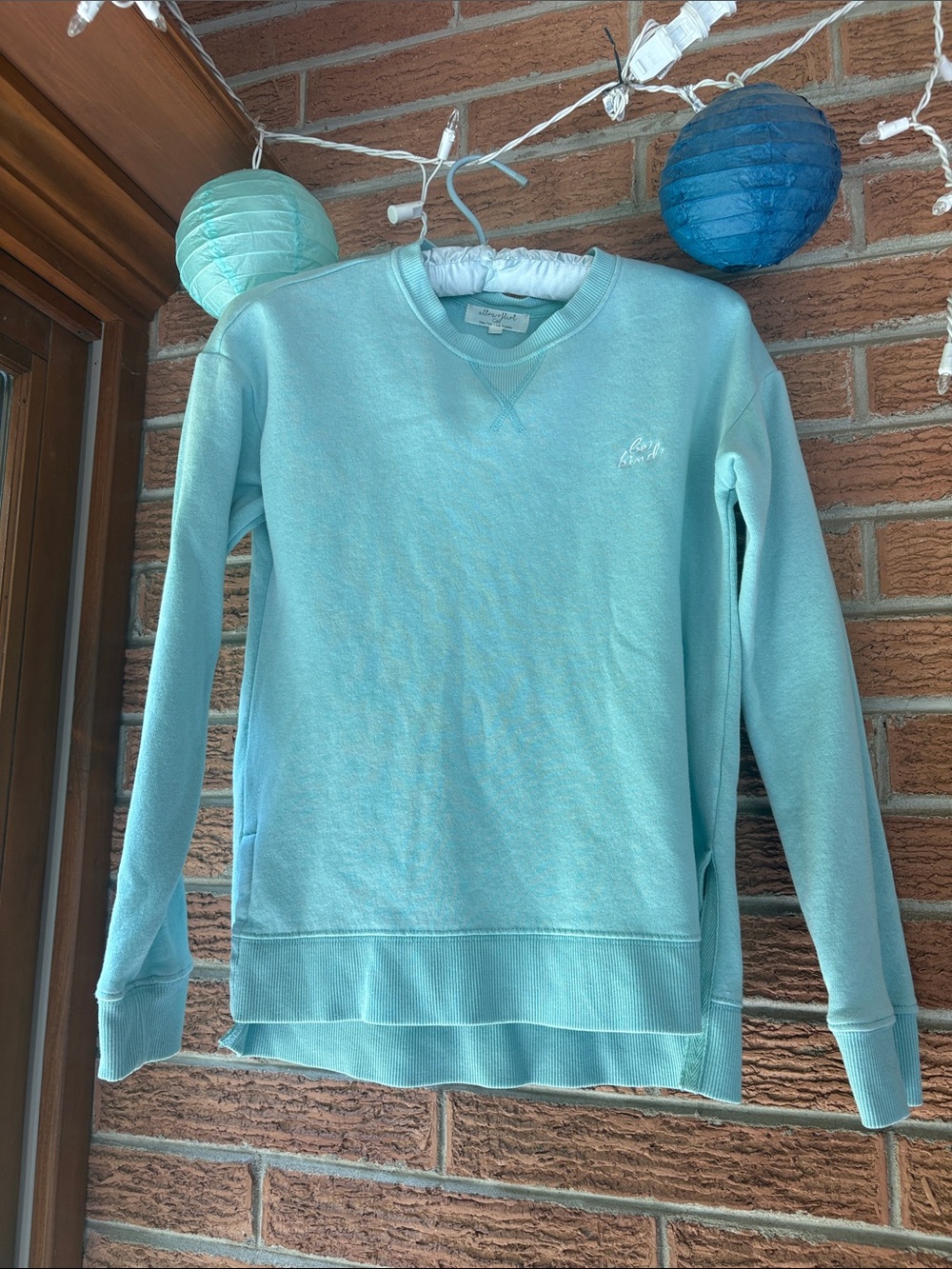 Ultra Flirt girls sweatshirt size large aqua with white embroidered be kind